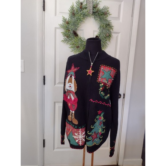 KIKIT Black Christmas Cardigan Sweater Large Embellished ZIP - Picture 2 of 9